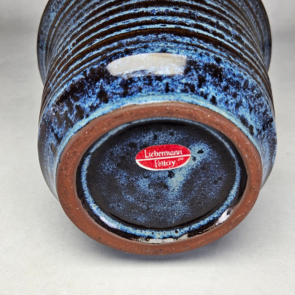 Liebermann Pottery Blue and Brown Ribbed Planter