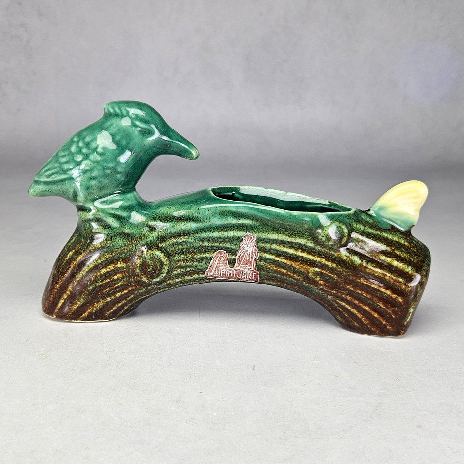 Lucia Ware green and brown log planter with bird