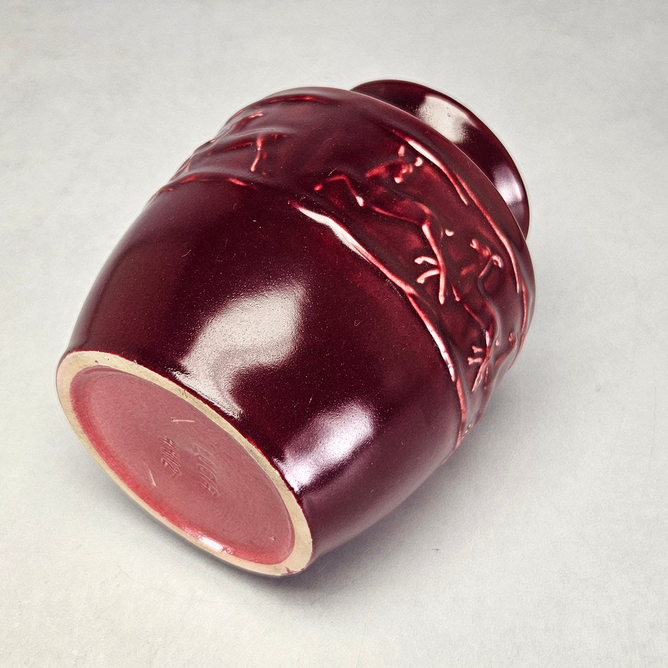 Lucia Ware burgundy ceramic vase with running antelope relief 4412
