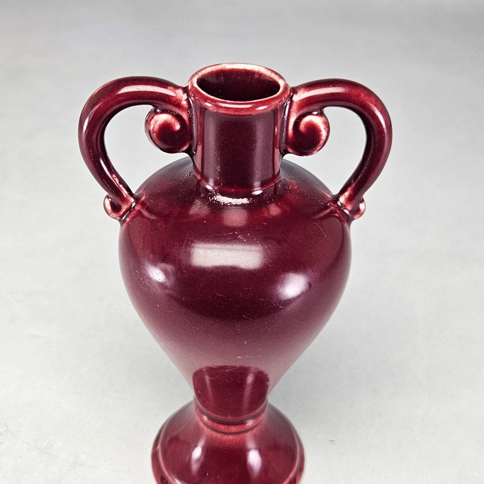 Lucia Ware burgundy ceramic vase with paired scroll handles 2101