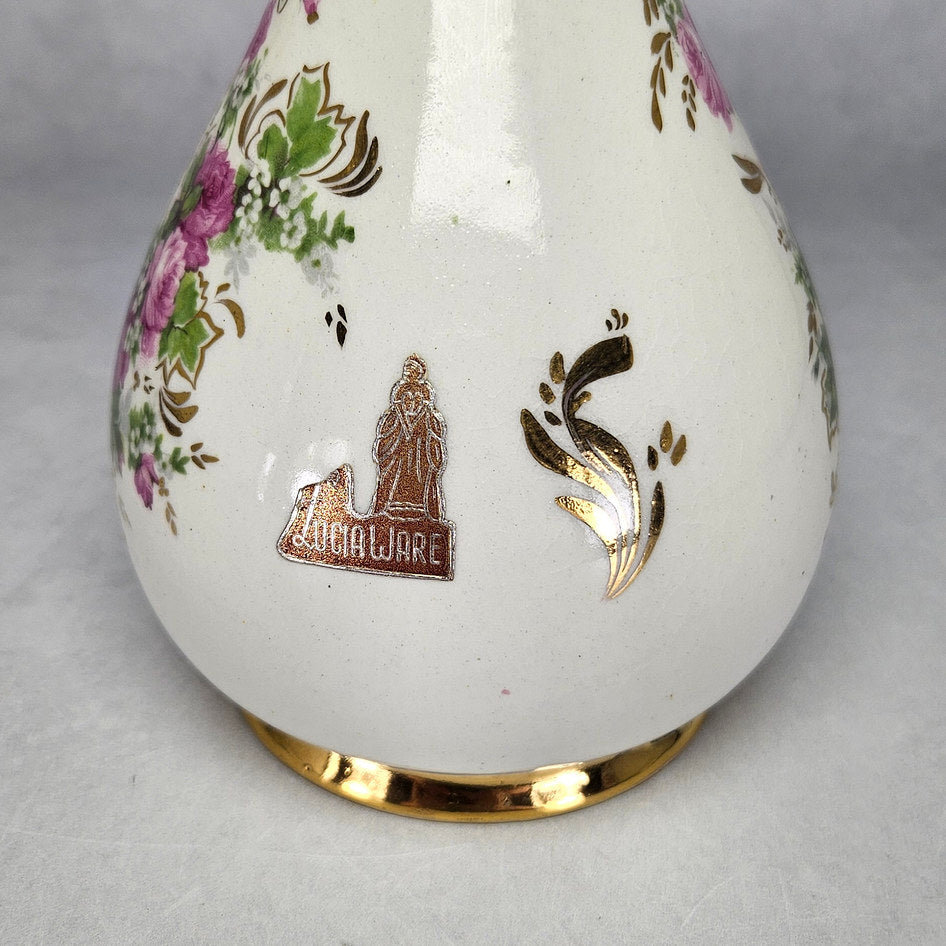 Lucia Ware cream ceramic vase with pink roses and gilt