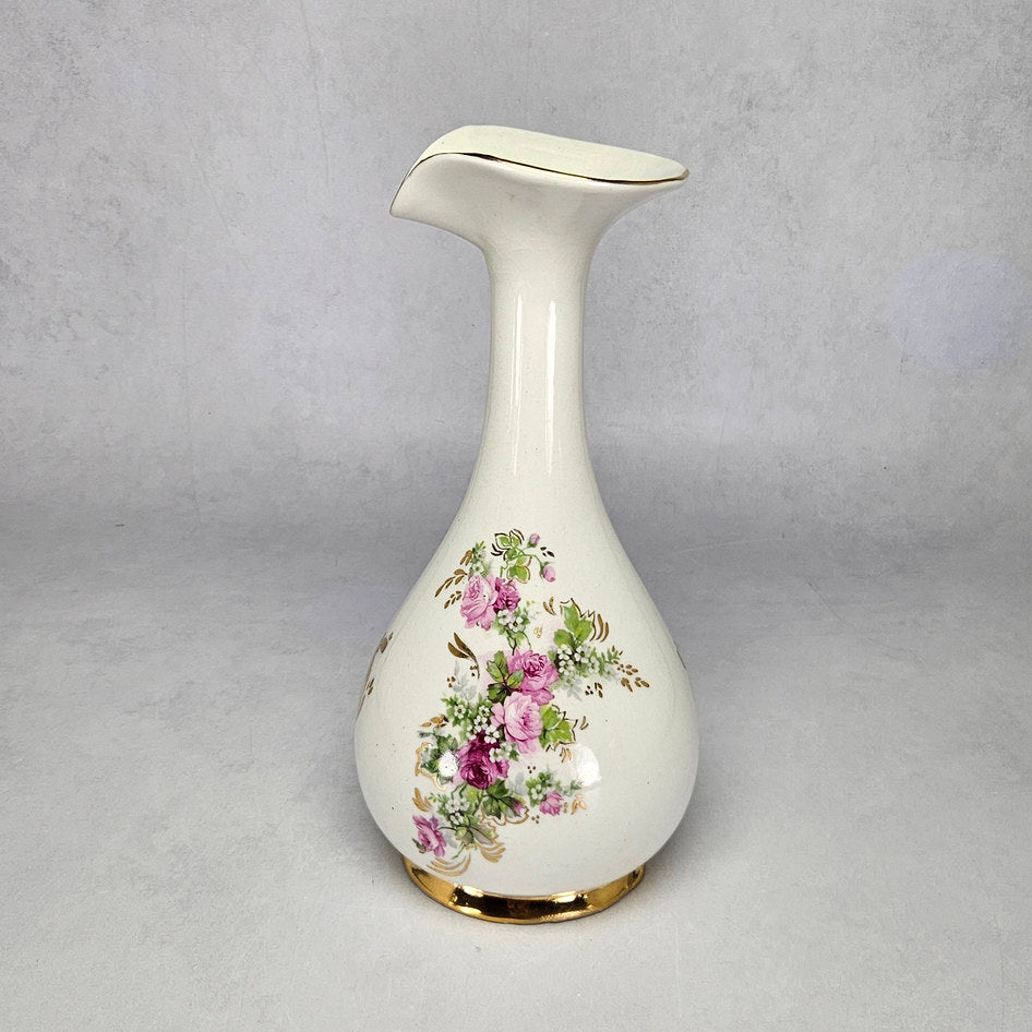 Lucia Ware cream ceramic vase with pink roses and gilt