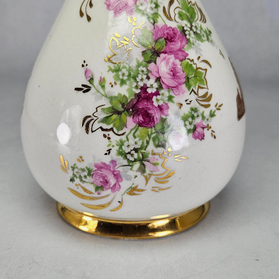 Lucia Ware cream ceramic vase with pink roses and gilt