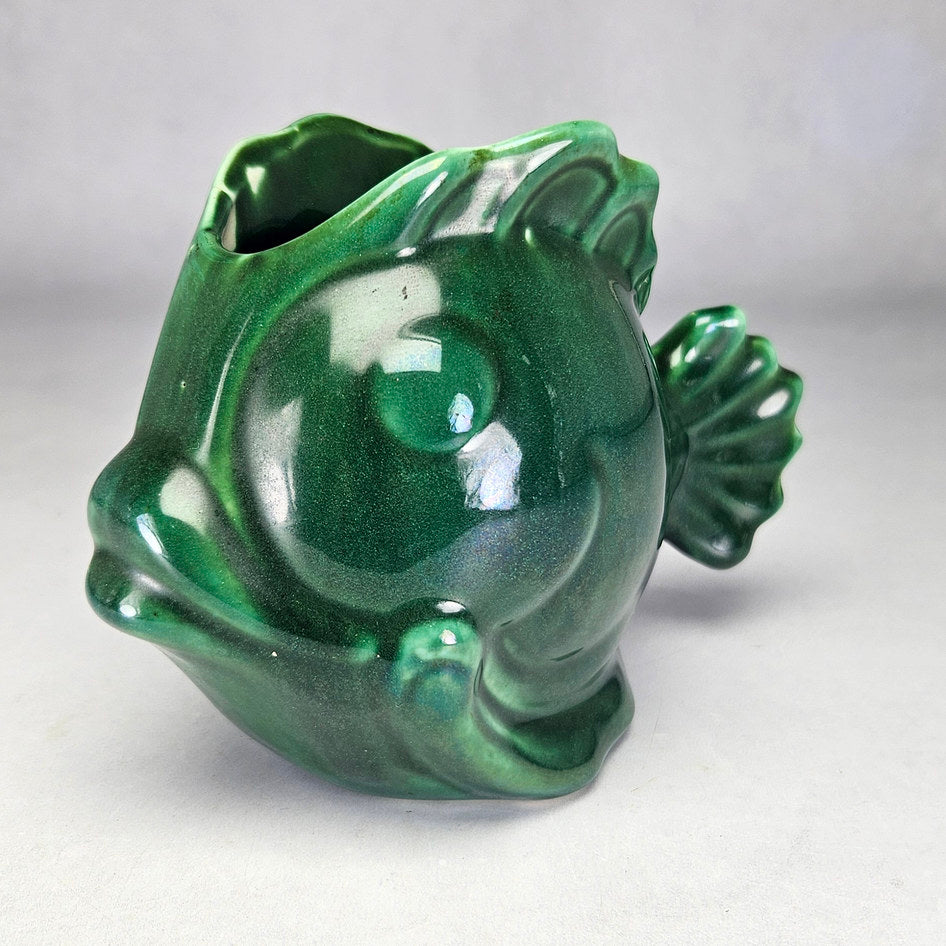 Lucia Ware green fish planter showing moulded eye details