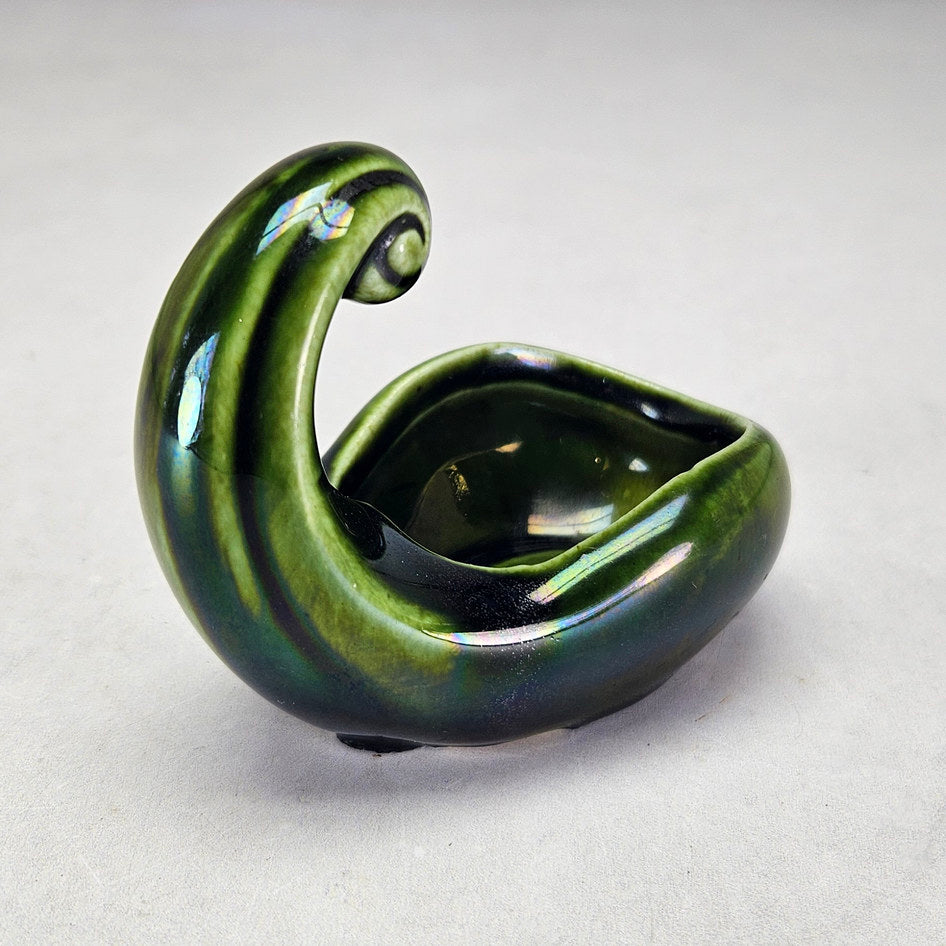 Lucia Ware green scroll dish showing rounded open bowl