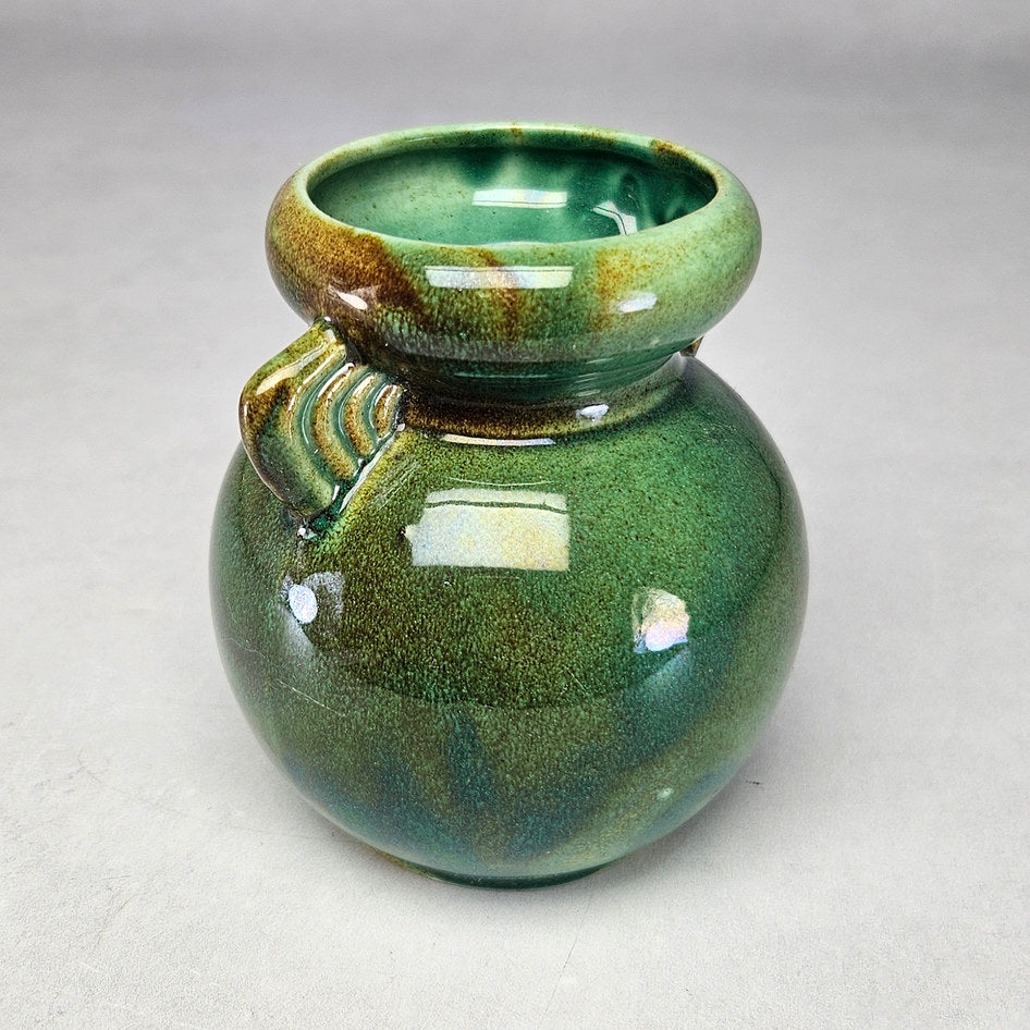 Lucia Ware mottled green ceramic vase with twin ridged handles