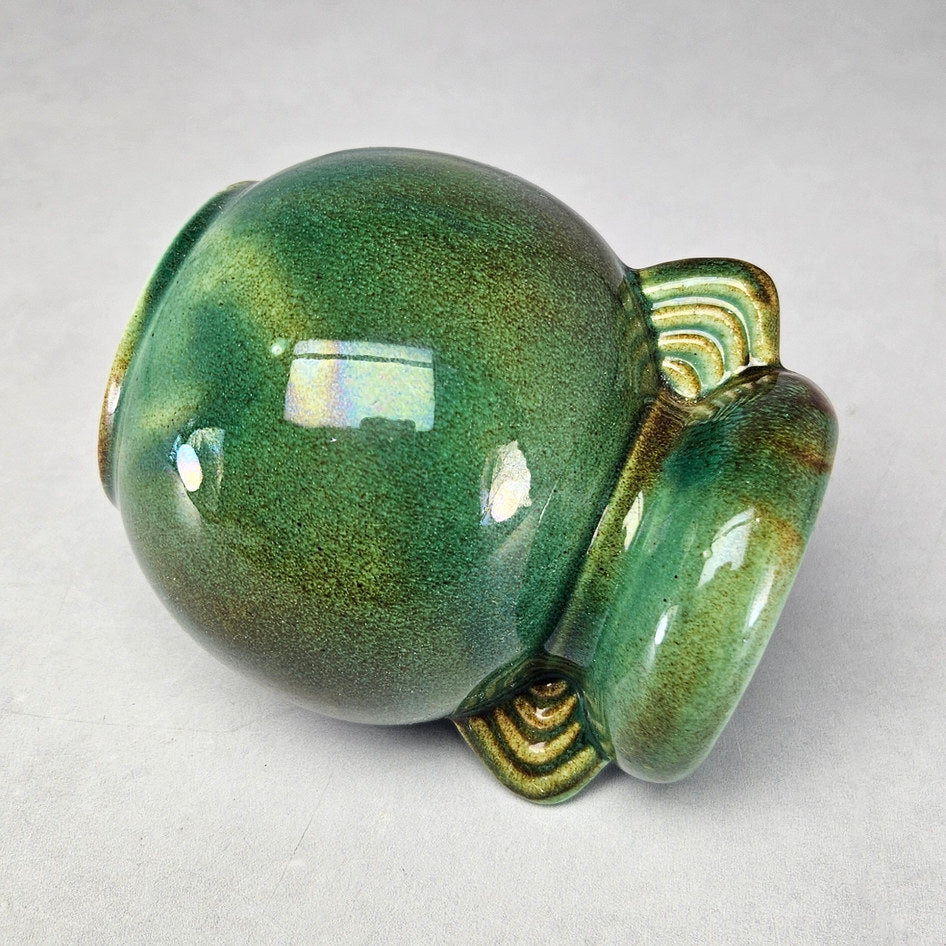 Lucia Ware mottled green ceramic vase with twin ridged handles