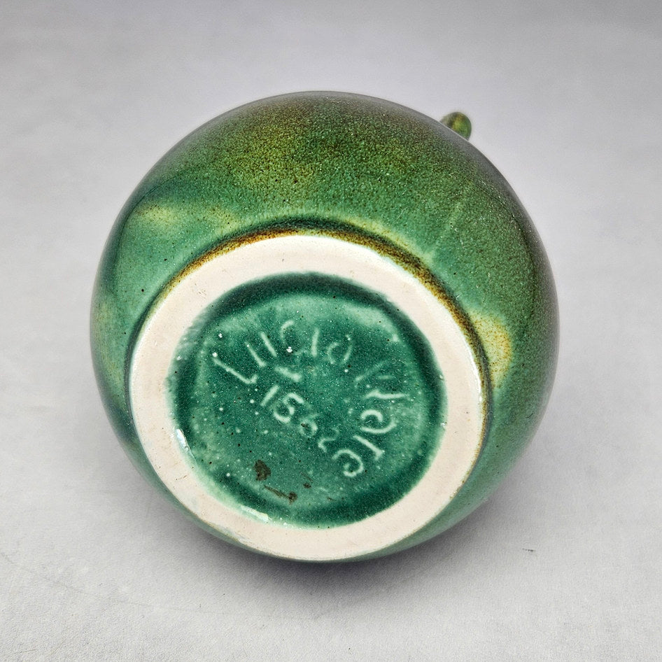 Lucia Ware mottled green ceramic vase with twin ridged handles
