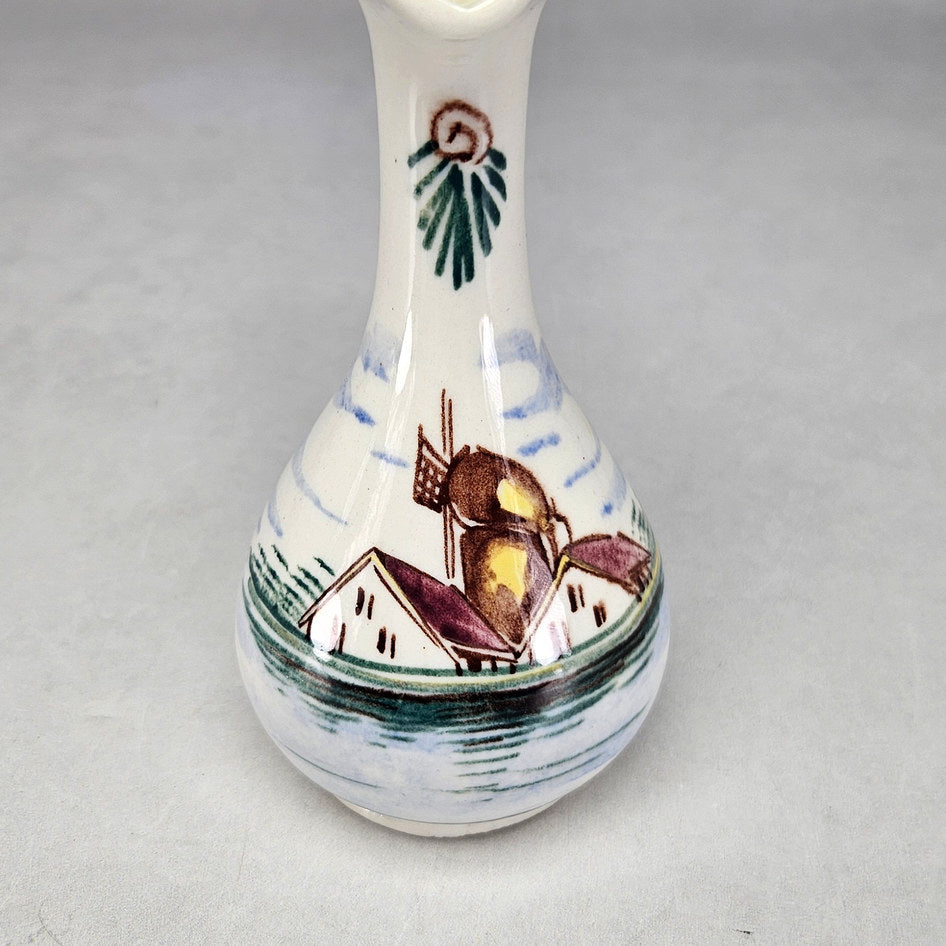 Lucia Ware cream ceramic ewer with hand-painted windmill landscape