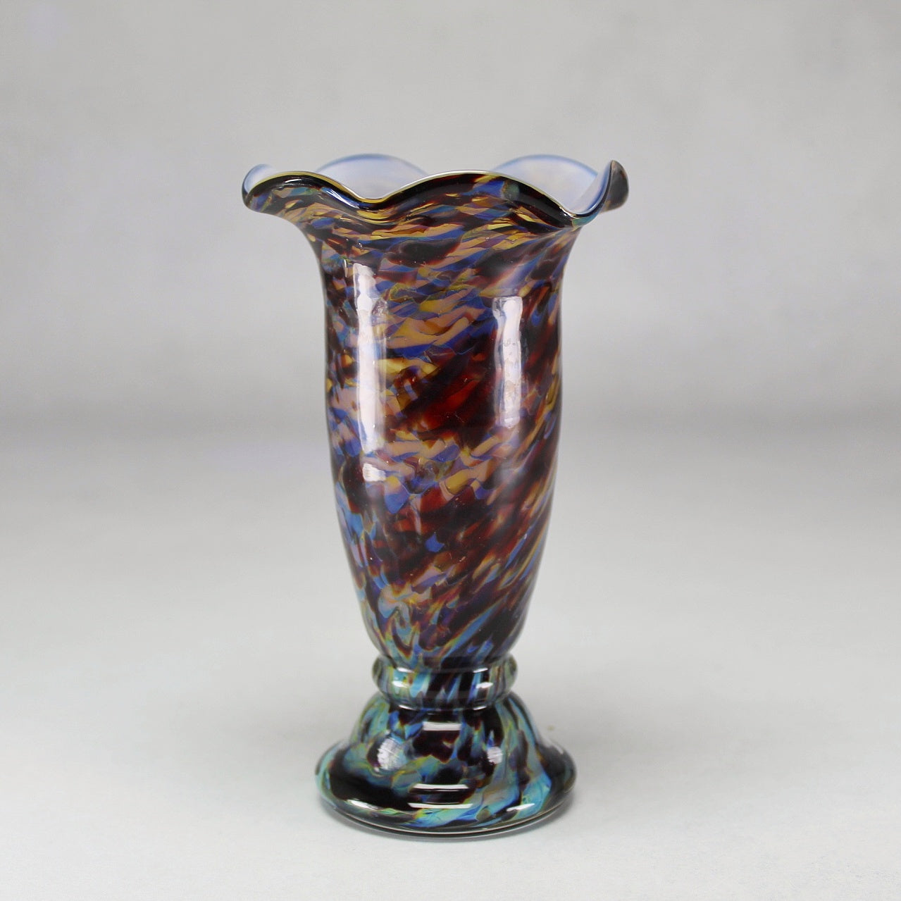 Multicoloured Spatter Hand-Blown Art Glass Ruffled Vase