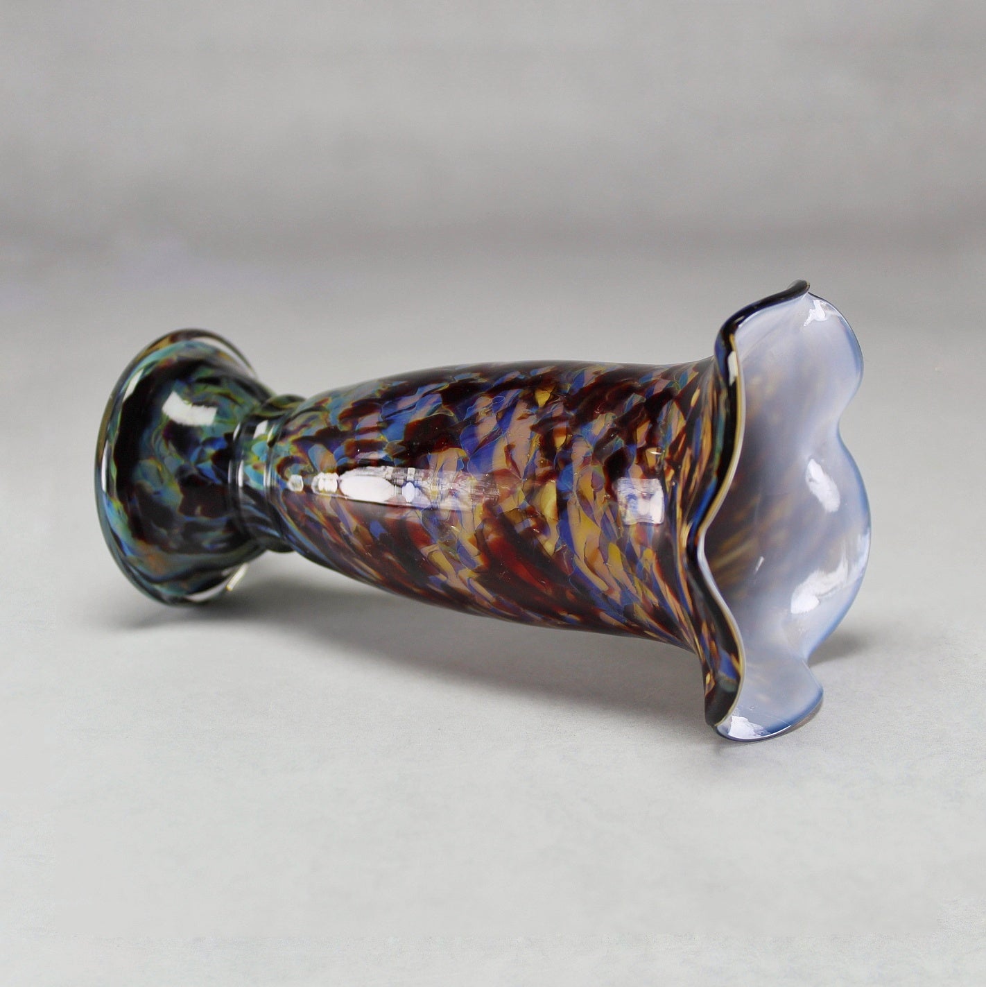 Multicoloured Spatter Hand-Blown Art Glass Ruffled Vase