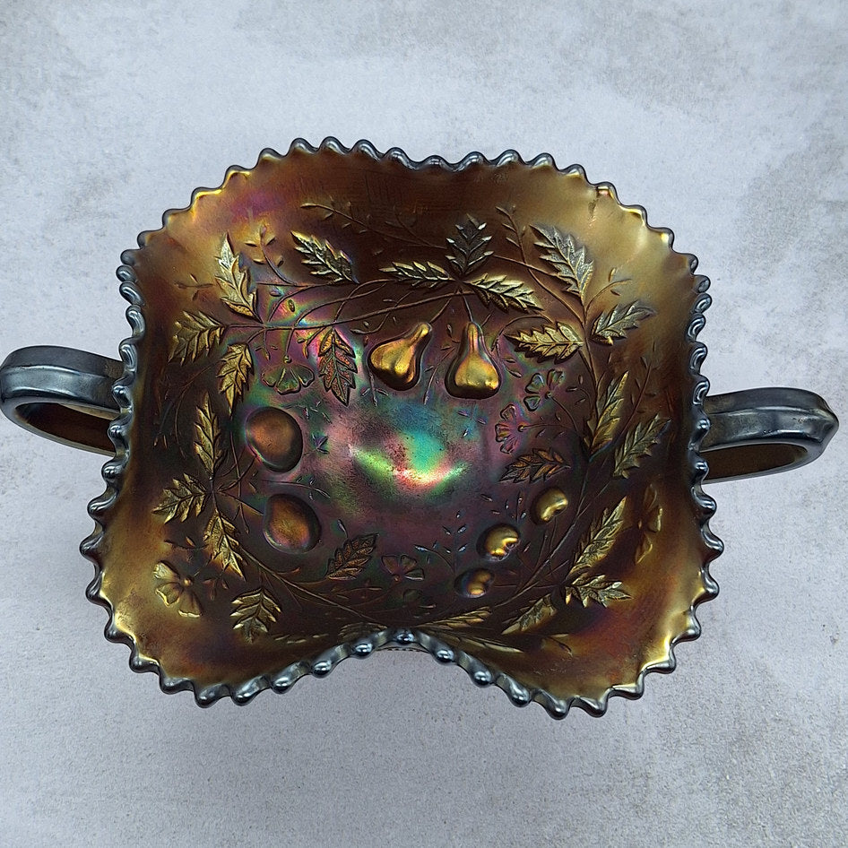 Northwood Fruits and Flowers Blue Carnival Glass Bonbon Dish