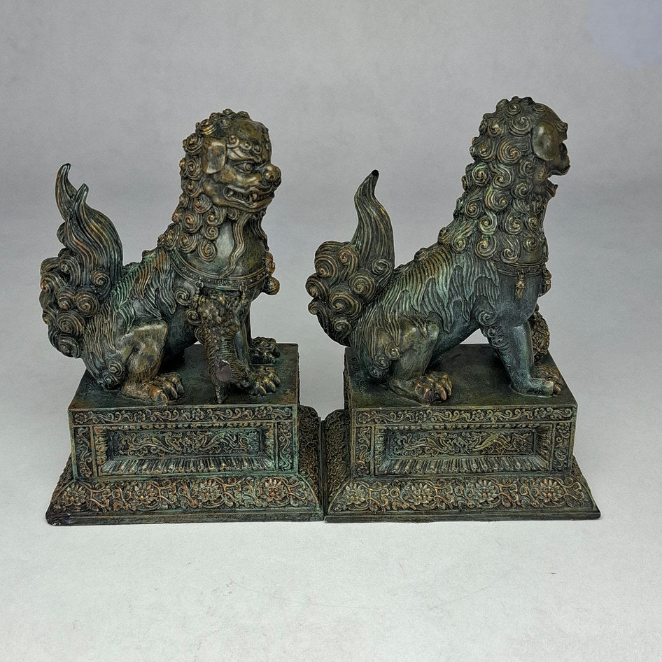 Pair of Bronze-Effect Polyresin Chinese Guardian Lions