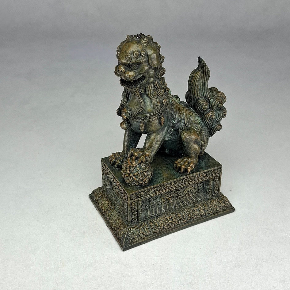 Pair of Bronze-Effect Polyresin Chinese Guardian Lions