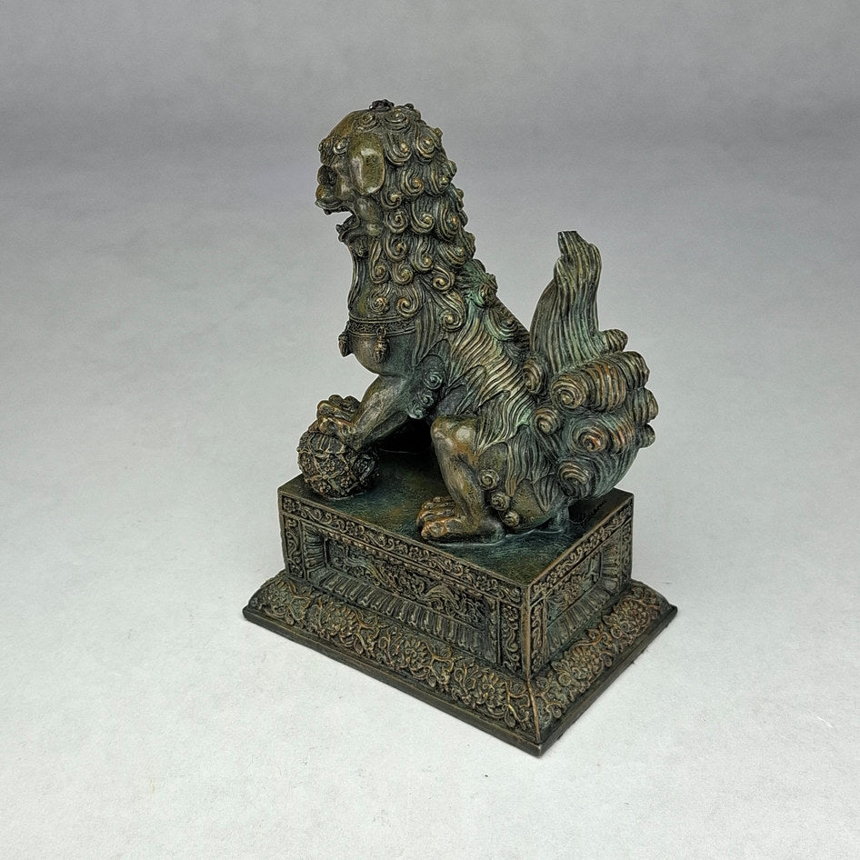 Pair of Bronze-Effect Polyresin Chinese Guardian Lions