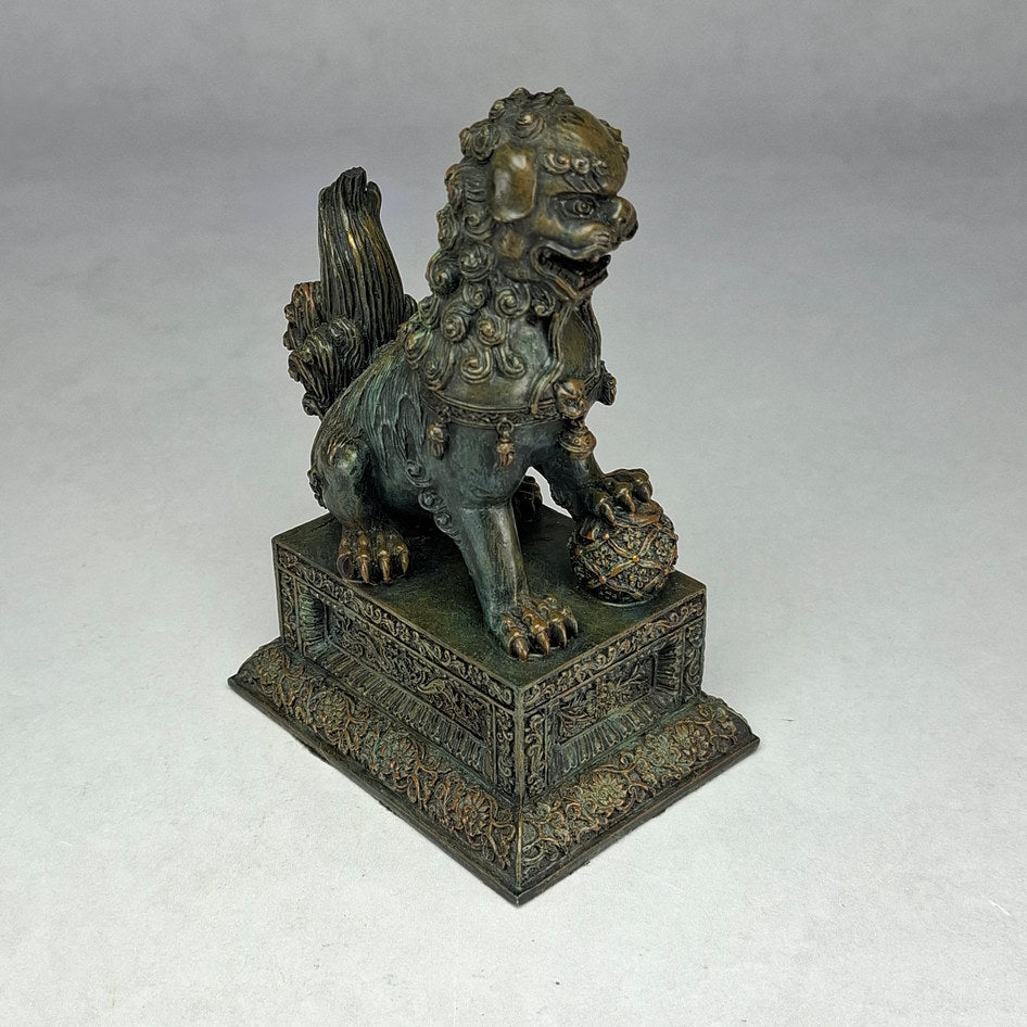 Pair of Bronze-Effect Polyresin Chinese Guardian Lions