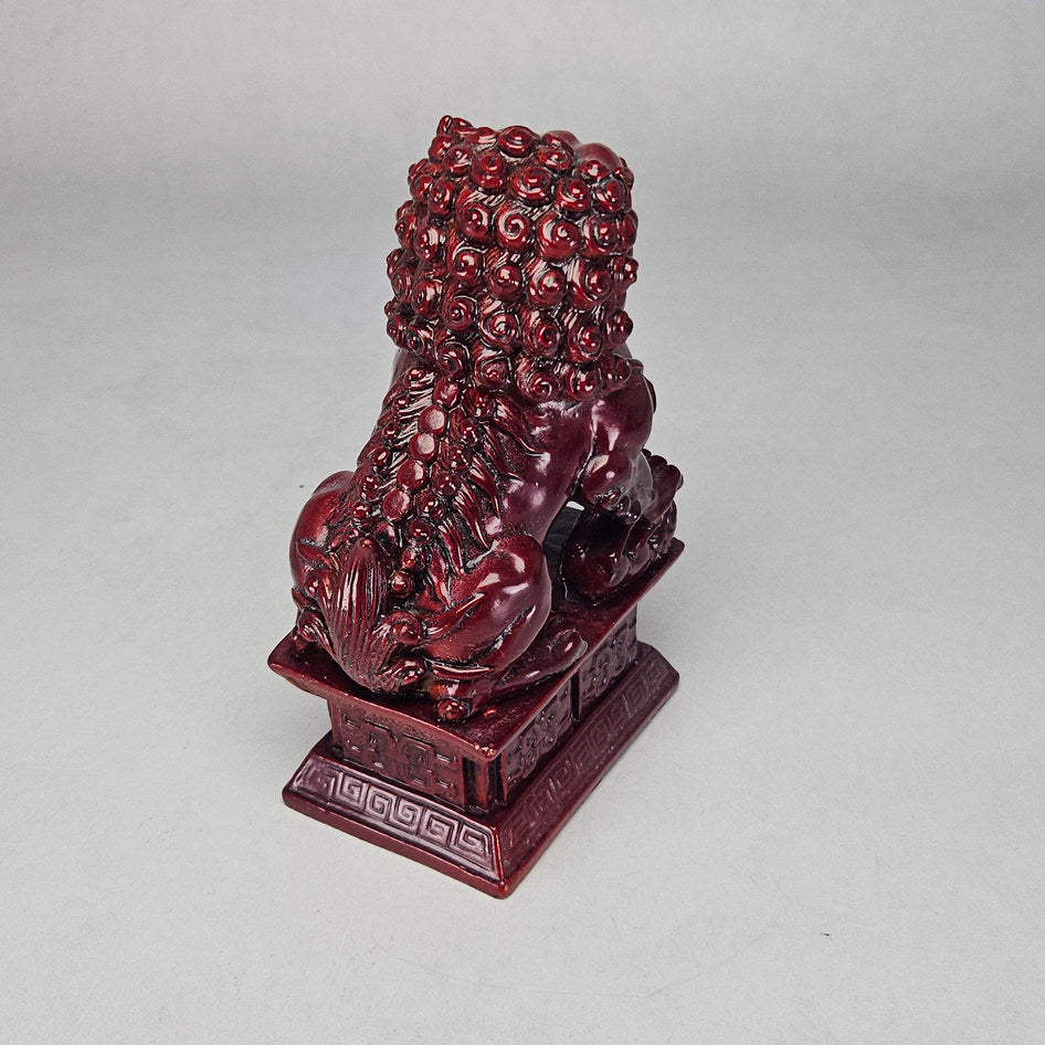 Pair of Chinese Red Cinnabar-Style Resin Foo Dog Figurines