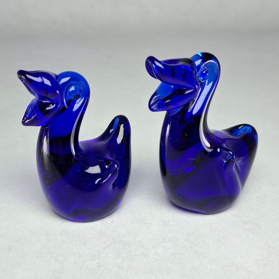 Pair of Hand-Sculptured Cobalt Blue Glass Duck Sculptures
