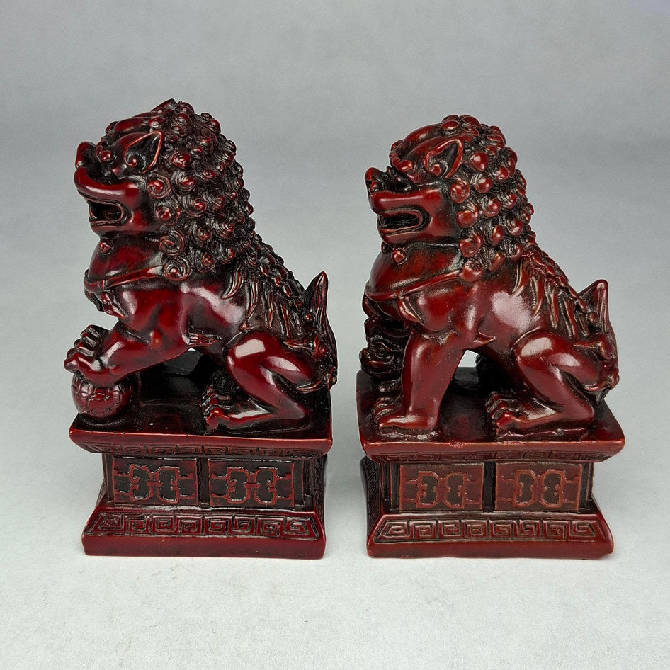 Pair of Red Lacquered Chinese Guardian Lions