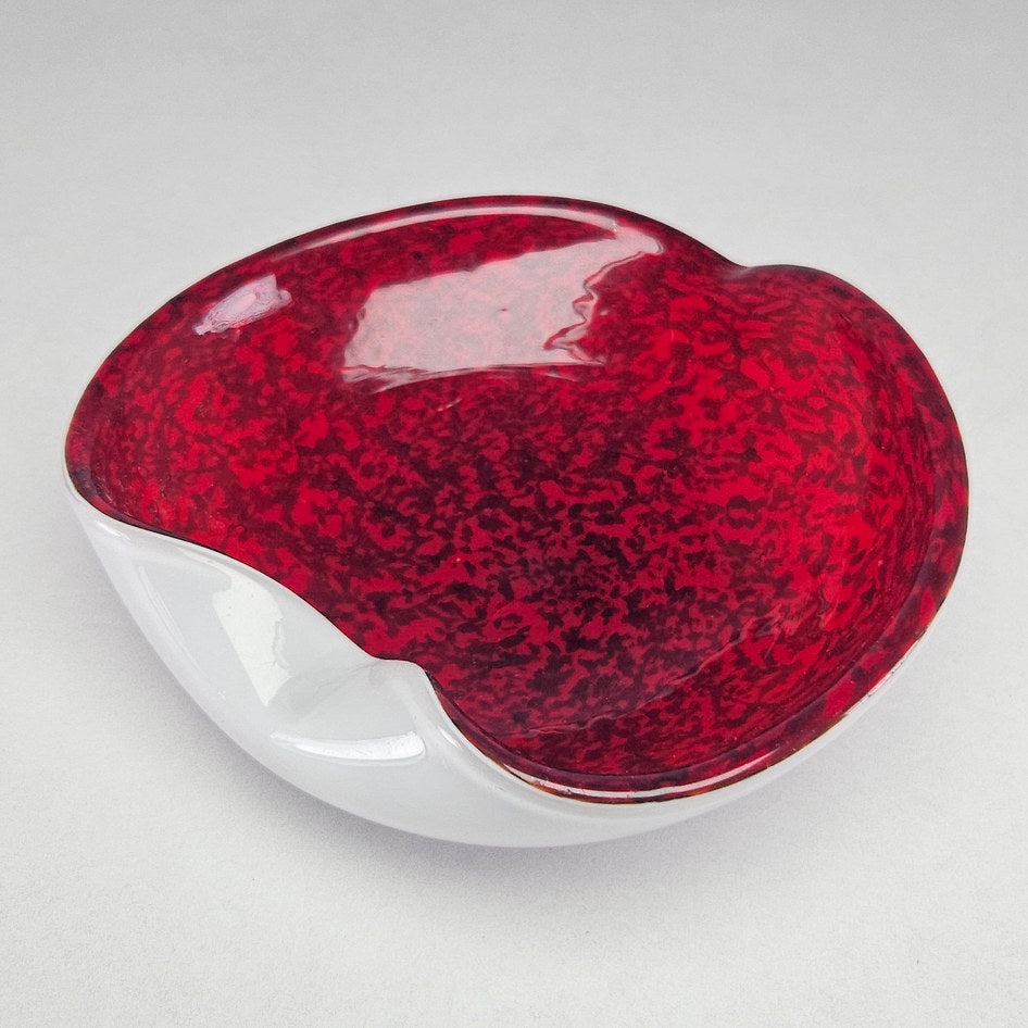 Red and White Murano-Style Cased Art Glass Heart Bowl