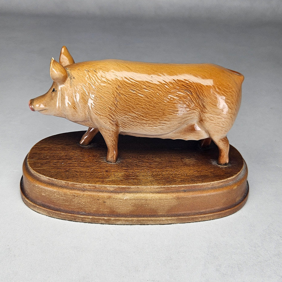 Tamworth pig figurine attributed to Royal Doulton on wooden base, photograph 1 of this collectible ceramic piece