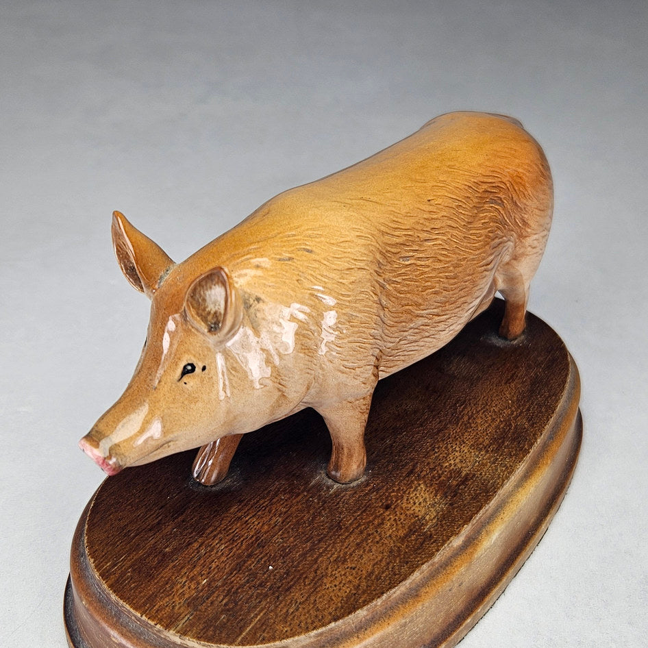 Tamworth pig figurine attributed to Royal Doulton on wooden base, photograph 2 of this collectible ceramic piece