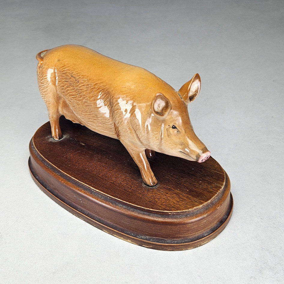 Tamworth pig figurine attributed to Royal Doulton on wooden base, photograph 3 of this collectible ceramic piece