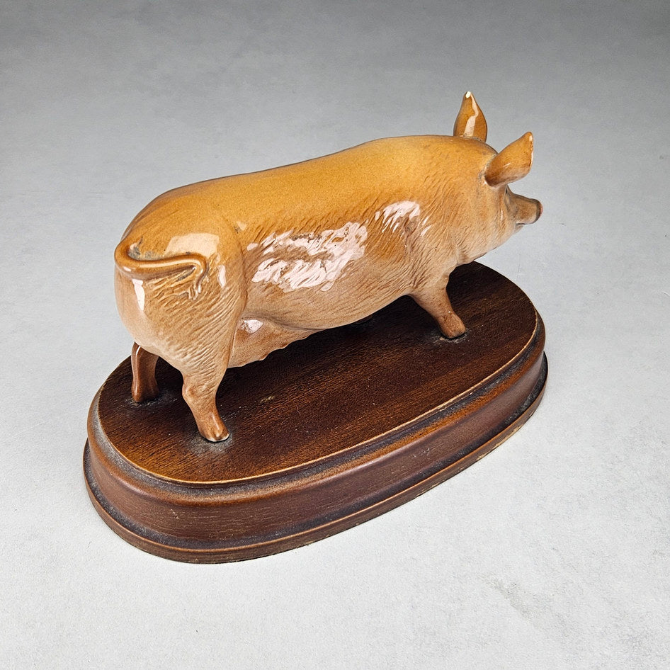 Tamworth pig figurine attributed to Royal Doulton on wooden base, photograph 4 of this collectible ceramic piece