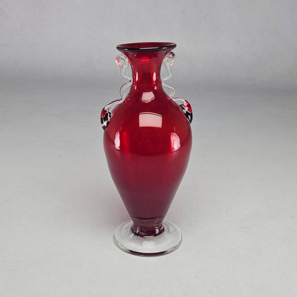 Ruby Red Murano-Style Hand-Blown Art Glass Vase with Clear Applied Handles