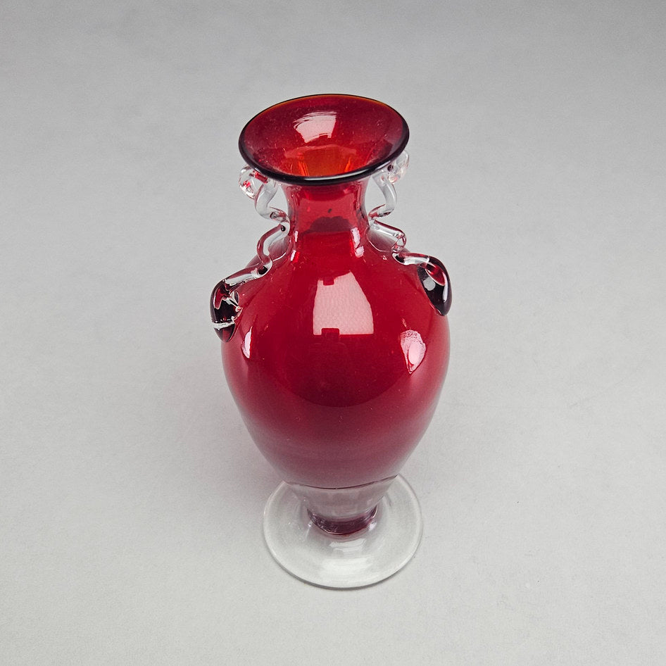 Ruby Red Murano-Style Hand-Blown Art Glass Vase with Clear Applied Handles