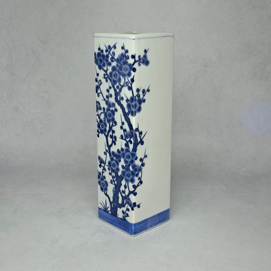 Tall Blue and White Porcelain Rectangular Blossom Tree Vase