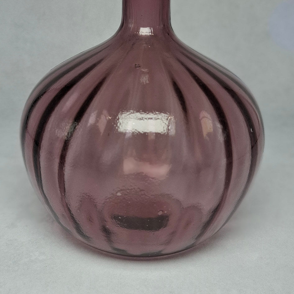 Vintage Amethyst Glass Onion-Shaped Genie Bottle with Ribbed Body and Stopper