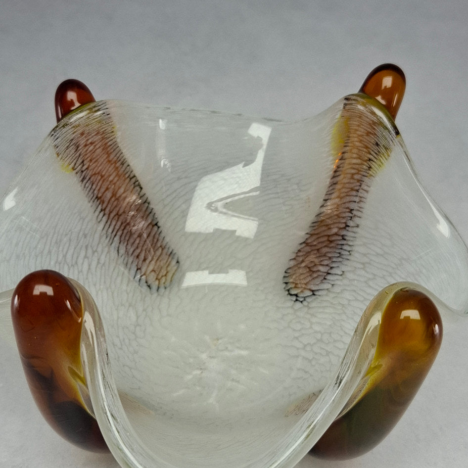 Vintage Art Glass Bowl with White Filigree and Amber Applied Elements