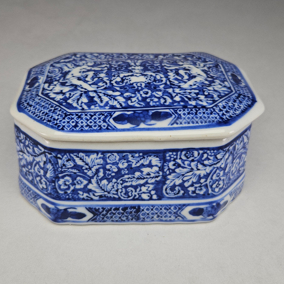 Vintage Blue and White Portuguese-Style Porcelain Lidded Trinket Box