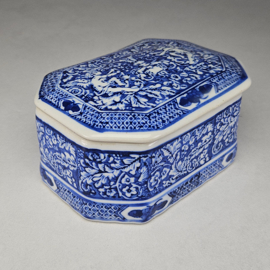 Vintage Blue and White Portuguese-Style Porcelain Lidded Trinket Box