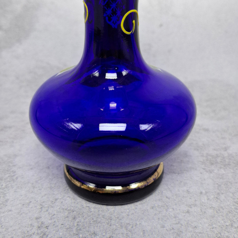 Vintage Cobalt Blue Bud Vase with Gold Accents and Hand-Painted Floral Decoration