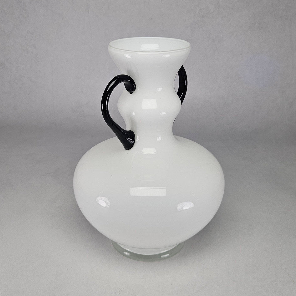 Vintage Empoli Italian Opaque White Glass Vase with Black Handles