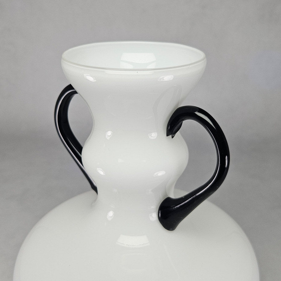 Vintage Empoli Italian Opaque White Glass Vase with Black Handles