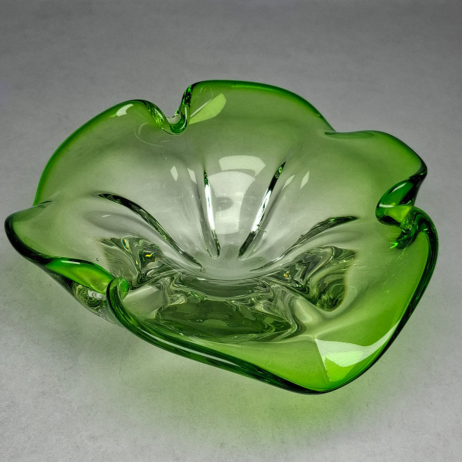 Vintage Green Murano Glass Flower Shaped Bowl