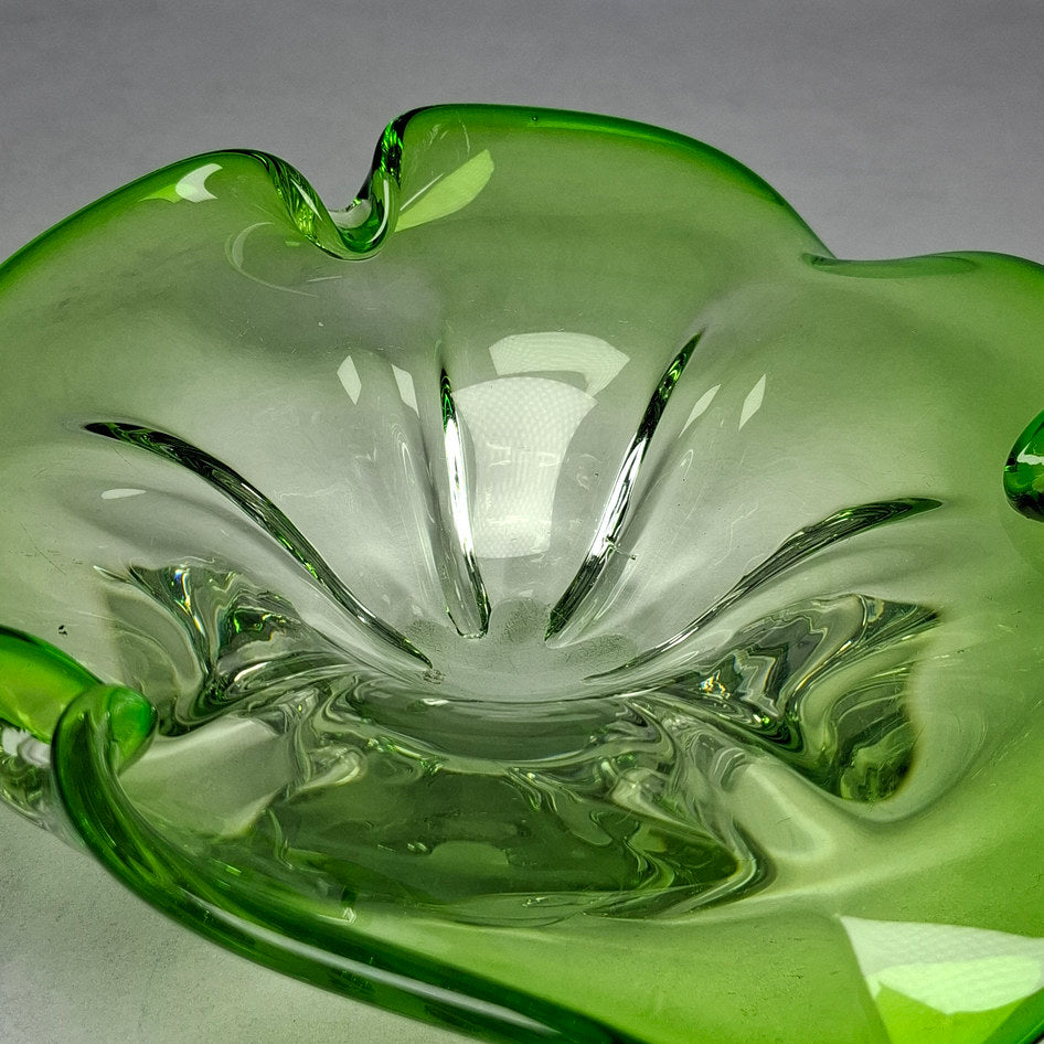 Vintage Green Murano Glass Flower Shaped Bowl