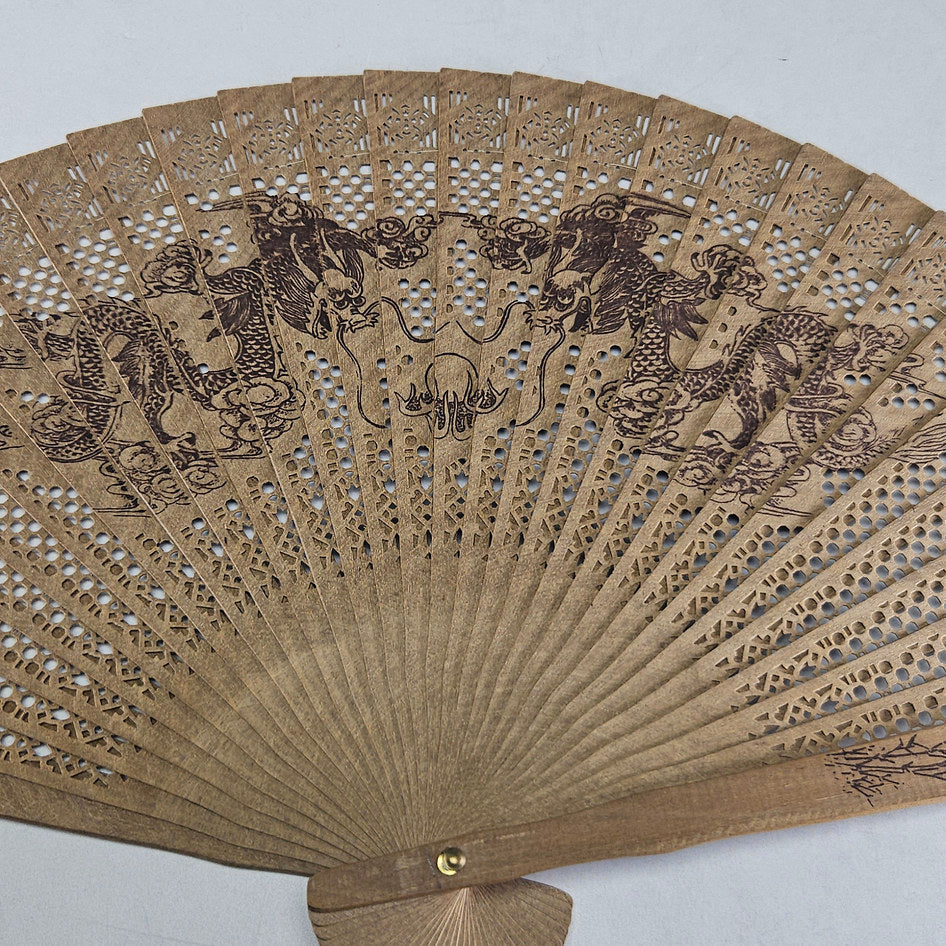 Vintage Hand-Painted Folding Hand Fan with Dual Dragon Motif and Presentation Box