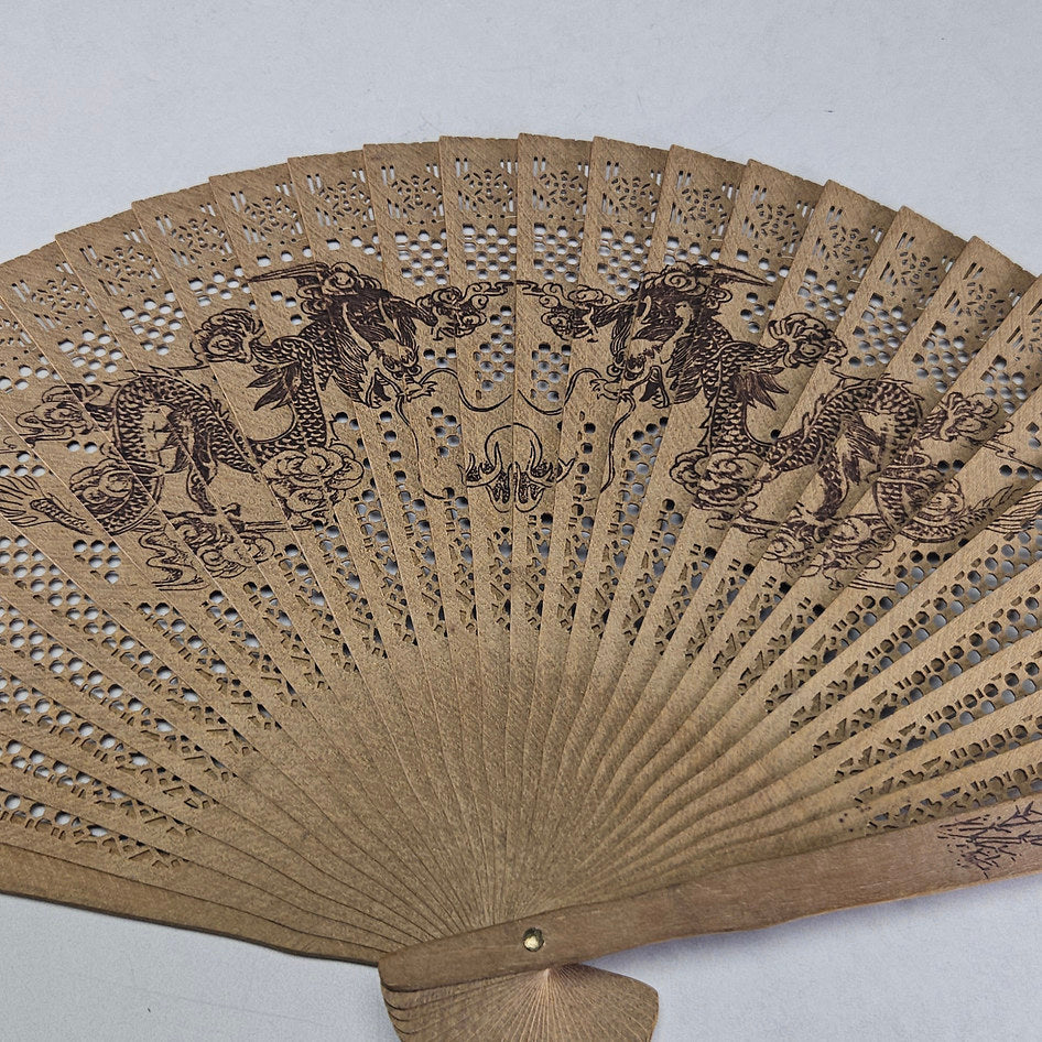 Vintage Hand-Painted Folding Hand Fan with Dual Dragon Motif and Presentation Box