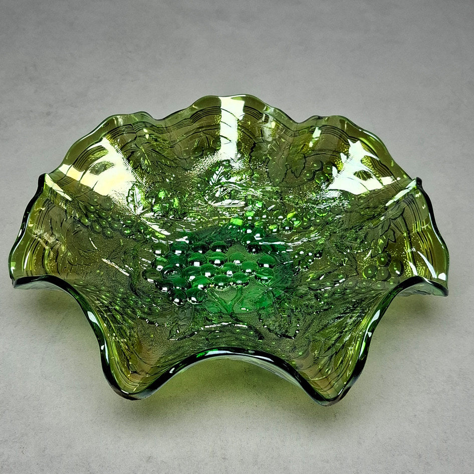 Vintage Imperial Glass Iridescent Green Carnival Glass Bowl with Grape Pattern