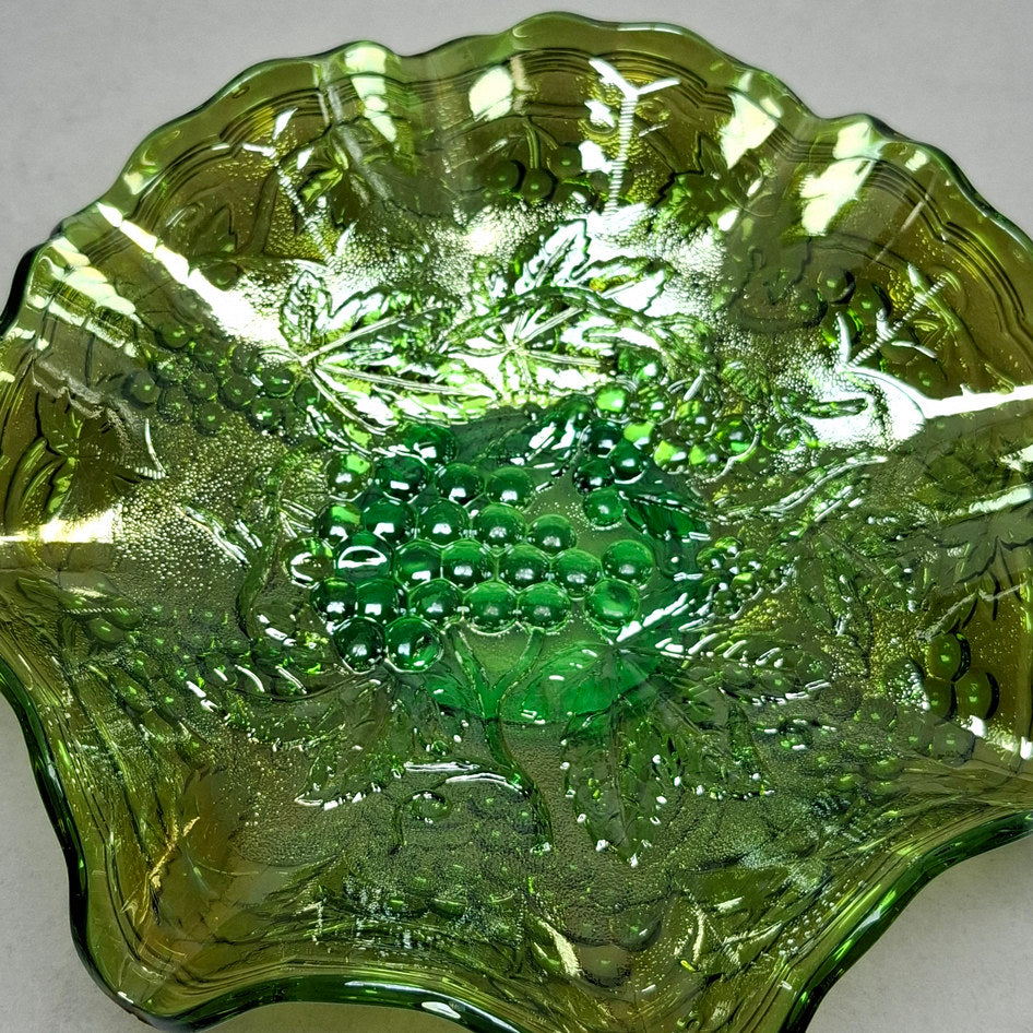 Vintage Imperial Glass Iridescent Green Carnival Glass Bowl with Grape Pattern
