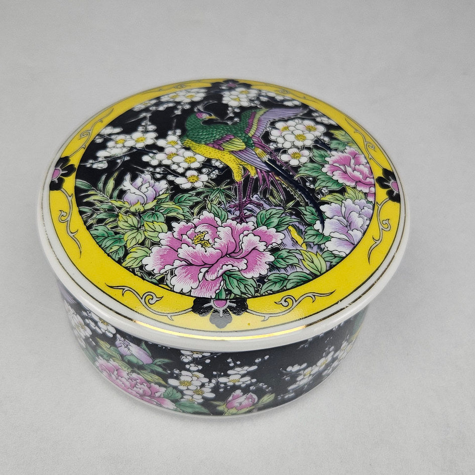 Vintage Japanese Peacock and Floral Ceramic Lidded Trinket Box