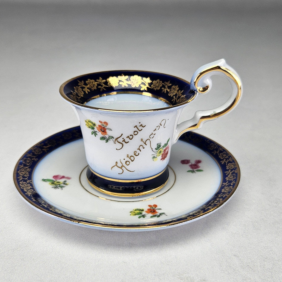 Tivoli Kobenhavn souvenir cup and saucer with cobalt borders