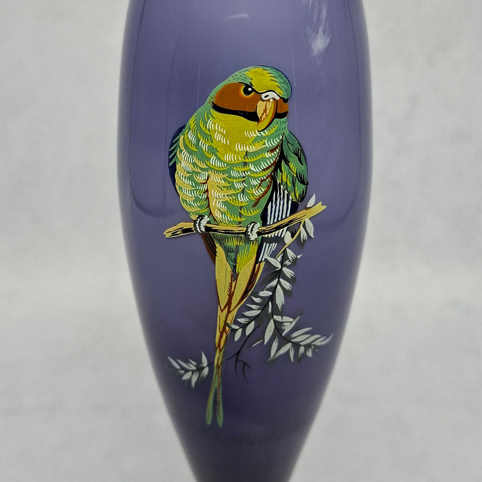 Vintage Purple and White Cased Glass Bud Vase with Nicobar Parakeet Motif