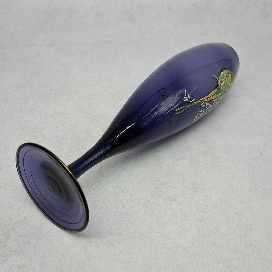 Vintage Purple and White Cased Glass Bud Vase with Nicobar Parakeet Motif
