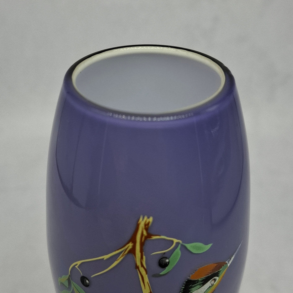 Vintage Purple and White Cased Glass Bud Vase with Yellow-Bellied Sapsucker Motif