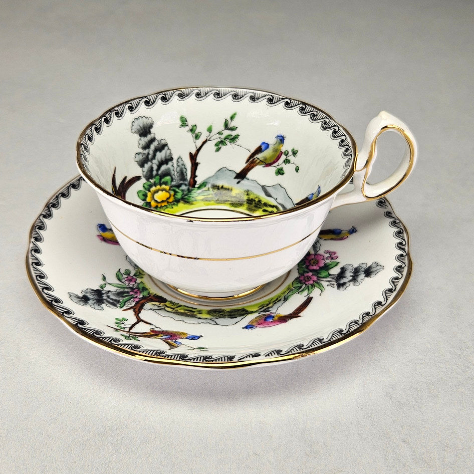 Royal Stafford bird series cup and saucer with landscape